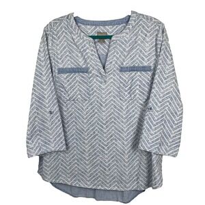 Chicos Top 2 Large Blue 3/4 Roll Tab Sleeves Cotton Geometric Beachy Demim Shirt